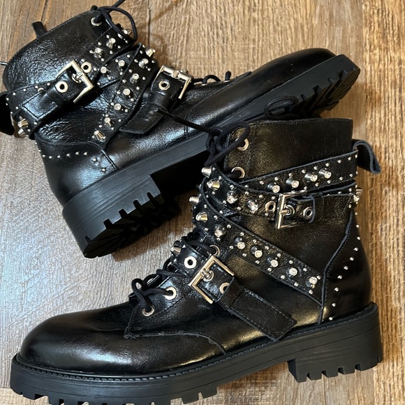 Zara Leather Jeweled Studded Moto Zara Shoe - Picture 8 of 15